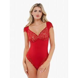 POPILUSH Chili Red Cap Sleeve Slimming Lace Cup Shapewear Bodysuit size Large